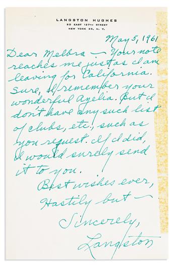 HUGHES, LANGSTON. Two Autograph Letters Signed, "Langston Hughes" or "Langston," to Melba Raeford ("Dear Miss Raiford" or "Dear Melbra"